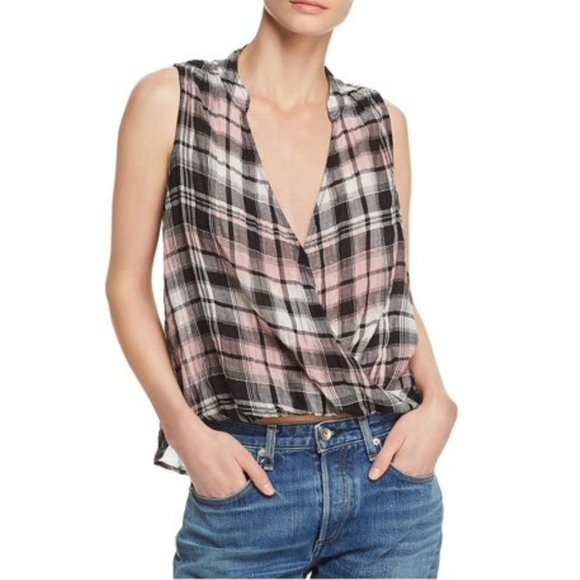 Splendid Surplice Neck Grey Fox Plaid Print Tank - Picture 1 of 5